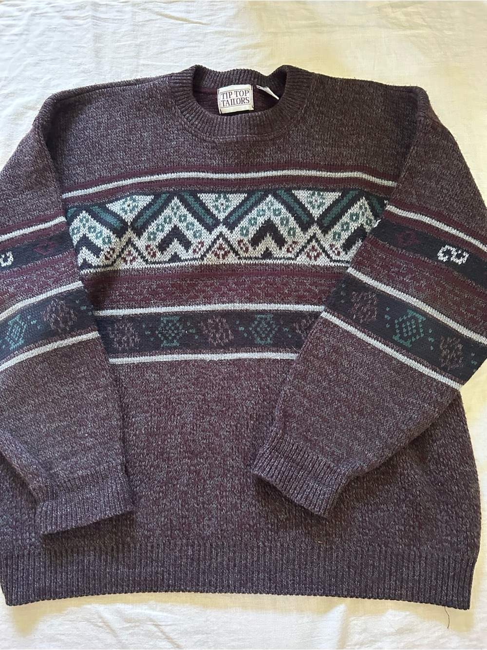Vintage Brown Crewneck Sweater with Teal and Gray Pattern - Picture 5 of 6